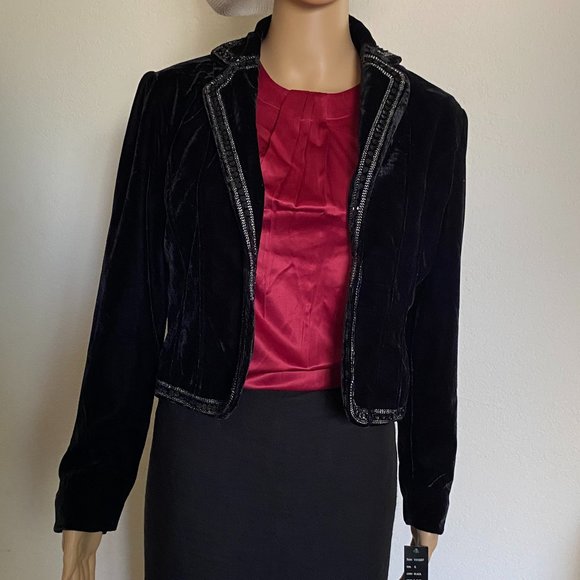 ROBERT LOUIS velour Black Velvet Embellished Cropped Jacket Blazer Size S - Picture 1 of 4